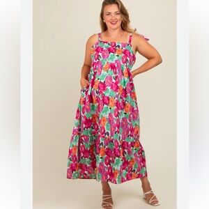 EUC Multi-Color Floral Shoulder Tie Tiered midi Dress large